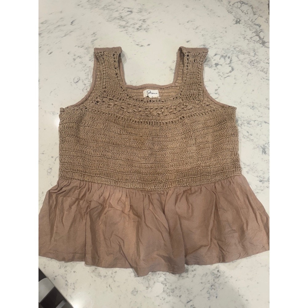 Japra Crochet Peplum Tank Top Smocked Square Neck Taupe Brown Small